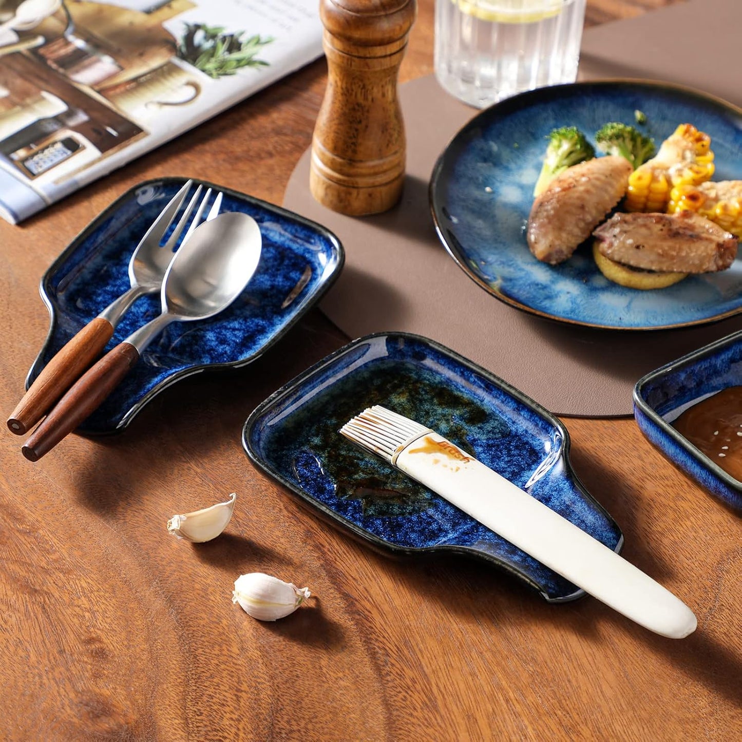 vancasso Stern Spoon Rest for Kitchen, Square Ceramic Spoon Holder for Stove Top, Heat Resistant Utensil Rest for Countertop, Dishwasher Safe, Kiln Blue, 2 Pack