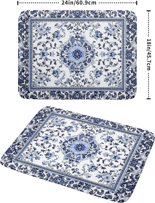 Boho Floral Dish Drying Mat 18x24 Inch Blue Leaves Kitchen Drying Pad Reversible Absorbent Dish Drainer Rack Mats Counter Tableware Decor