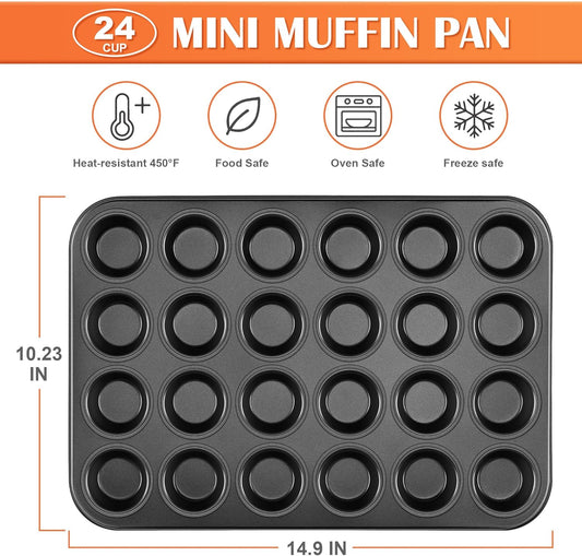 E-far Mini Muffin Pan 24-Cup - Nonstick Carbon Steel Cupcake Tin Tray for Little Bites & Freezer Prep | Warp-Free Bakeware Ensures Even Baking & Effortless Release, Regular Size & Oven Safe