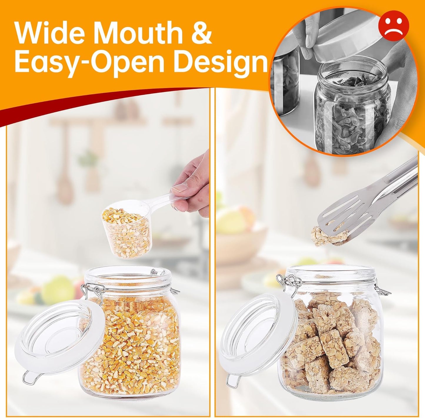 Mason Jars, 3 Pcs 34oz 1000ml Glass Food Storage Containers with Airtight Lids, Flour Sugar Storage Containers Sets for the Kitchen, With Metal Food Tongs & Measuring Cups & Sorting Labels