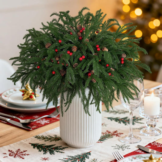 Artificial Norfolk Pine Stems for Christmas Decorations, 10 Pcs 18 inch Fake Pine Cone Branches Red Berry for Vases Garland Real Touch Faux Greenery Evergreen Plants for Xmas Home Decor Indoor