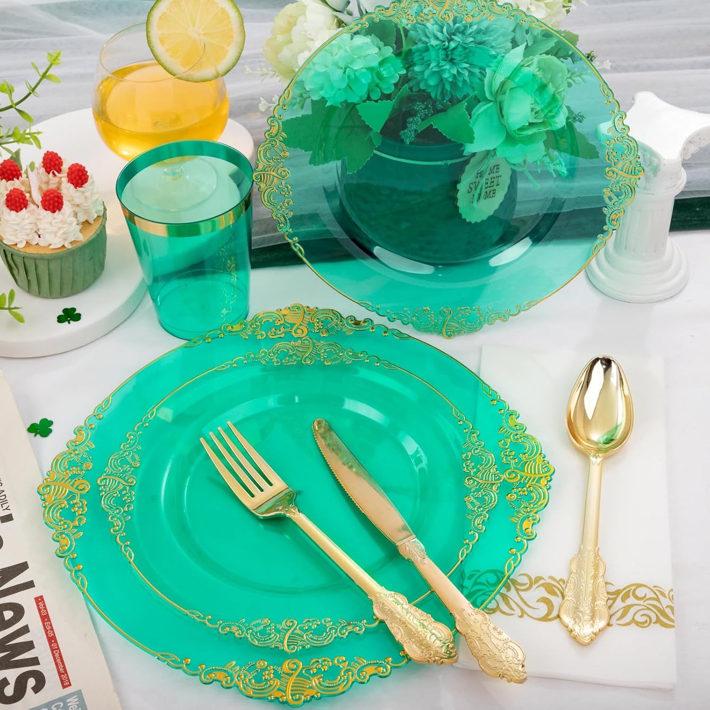 Hioasis 175pcs Clear Green Plastic Plates - Elegant Disposable Dinnerware Set Suitable for 25 Guests Include 10.25" Dinner & 7.5" Dessert Plates, Cutlery, Napkins, Cups for Party & Wedding