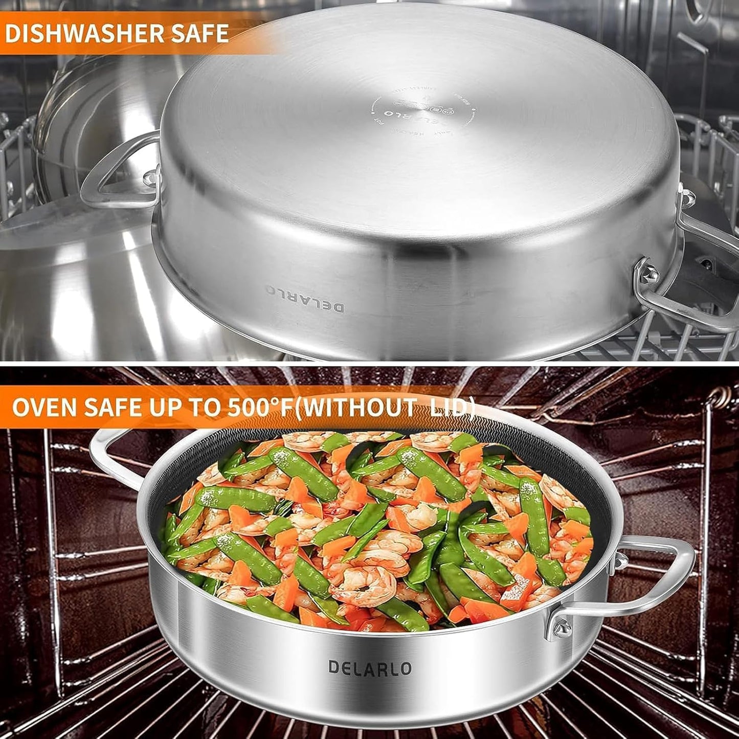 DELARLO Tri-Ply Stainless Steel 7QT Saute Pan 12 Inch Deep Frying Pan with lid Nonstick, Induction Compatible Chef Cooking Pan