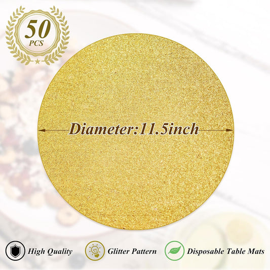 50 Pieces Gold Glitter Paper Place Mats Sparkle Round Disposable Table Mats Golden Sequin Doilies Decorative Placemats for Wedding Banquet Party Home Dining Tableware