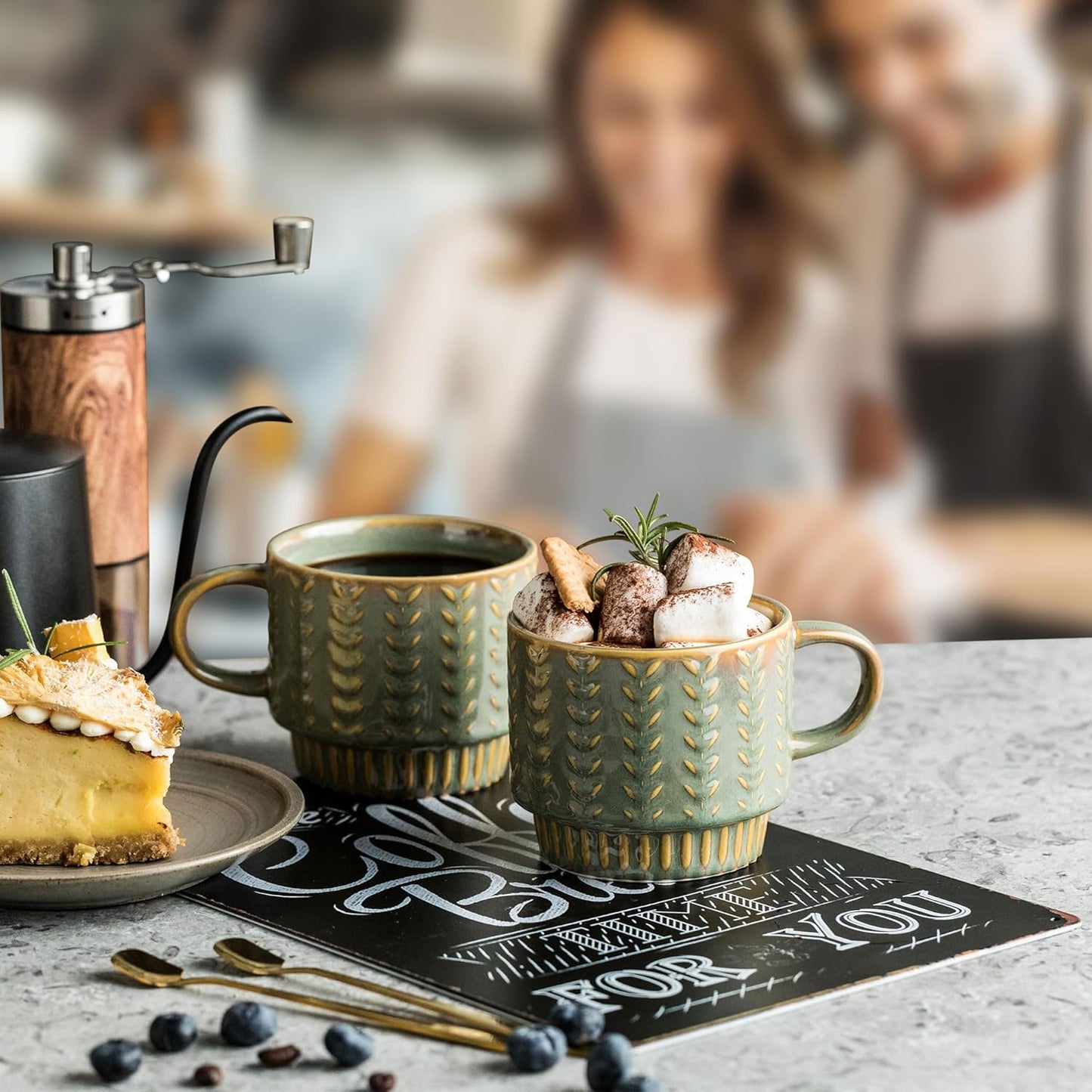 Coffee Mugs Set of 4 with Spoons & Rack, Stackable Espresso Cups 13oz Coffee Mug for Drinks Latte Cappuccino Tea, Turkish Coffee Cup for Housewarming Wedding Gift, Dishwasher Safe