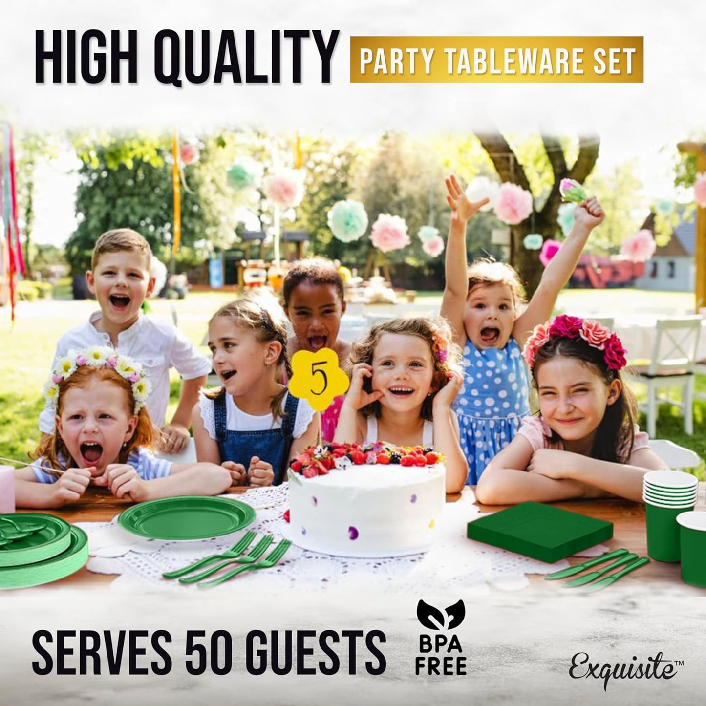 Exquisite 350 Pcs Emerald Paper Plates For Party, Emerald Disposable Plates Set, 50 Of Each 9" Dinner Plate Set, 7" Dessert Plate, Cups, Napkins & Cutlery Paper Dinnerware