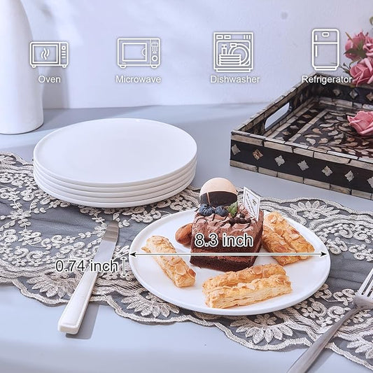 AntoKueh White Salad Plates Set of 6, 8.3 Inch Fine Bone China Small Dishes with Shallow Edge for Dessert, Appetizer, Steak, Dishwasher/Microwave safe