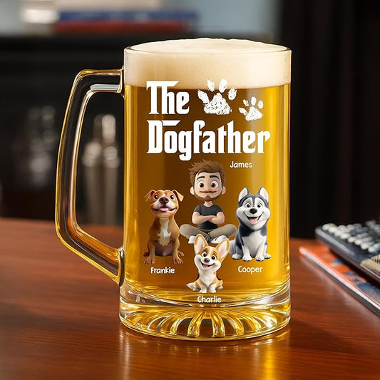 Wrappiness Gift for Dad - Cool Dog Father Personalized Beer Glass With Handle, Custom Breeds and Man Appearance Lovely Fathers Day Pet Papa Gift for Men Pet Lovers, Cute Puppy Owner Drinking Cup