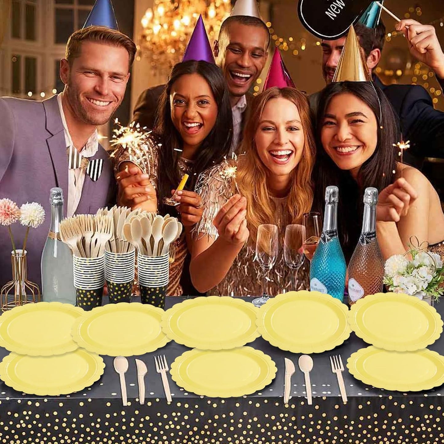 50Pcs Yellow Paper Plates-7 Inch Solid Color Scalloped Disposable Birthday Dinnerware Set Disposable Dinner Party Supplies for Graduation School Starts Wedding Baby Shower Fall Table Decor