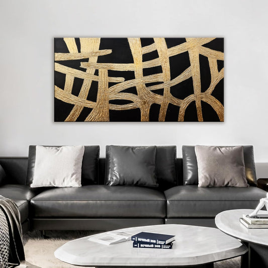 Abstract Wall Art Paintings Canvas Wall Art Decor Black And Gold Lines Artwork for Walls Texture Wall Decorations Modern Minimalist Wall Art Living Room Decor For Room Bedroom Office Wall Decor 24"X48"