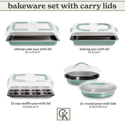 Country Kitchen Baking Pans Set - 10 Piece Non-Stick Cake Pans with Carry Lids for Easy Storage & Travel, Perfect for Parties - Stackable, Sage