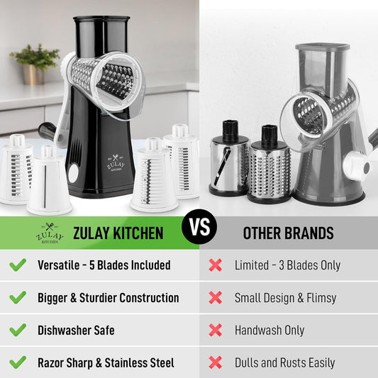 Zulay Kitchen Rotary Cheese Grater 5 Blade Cheese Shredder - Manual Hand Crank Cheese Grater With Reinforced Suction & 5 Interchangeable Drums - Easy to Use, Vegetable Chopper Round Mandoline Slicer