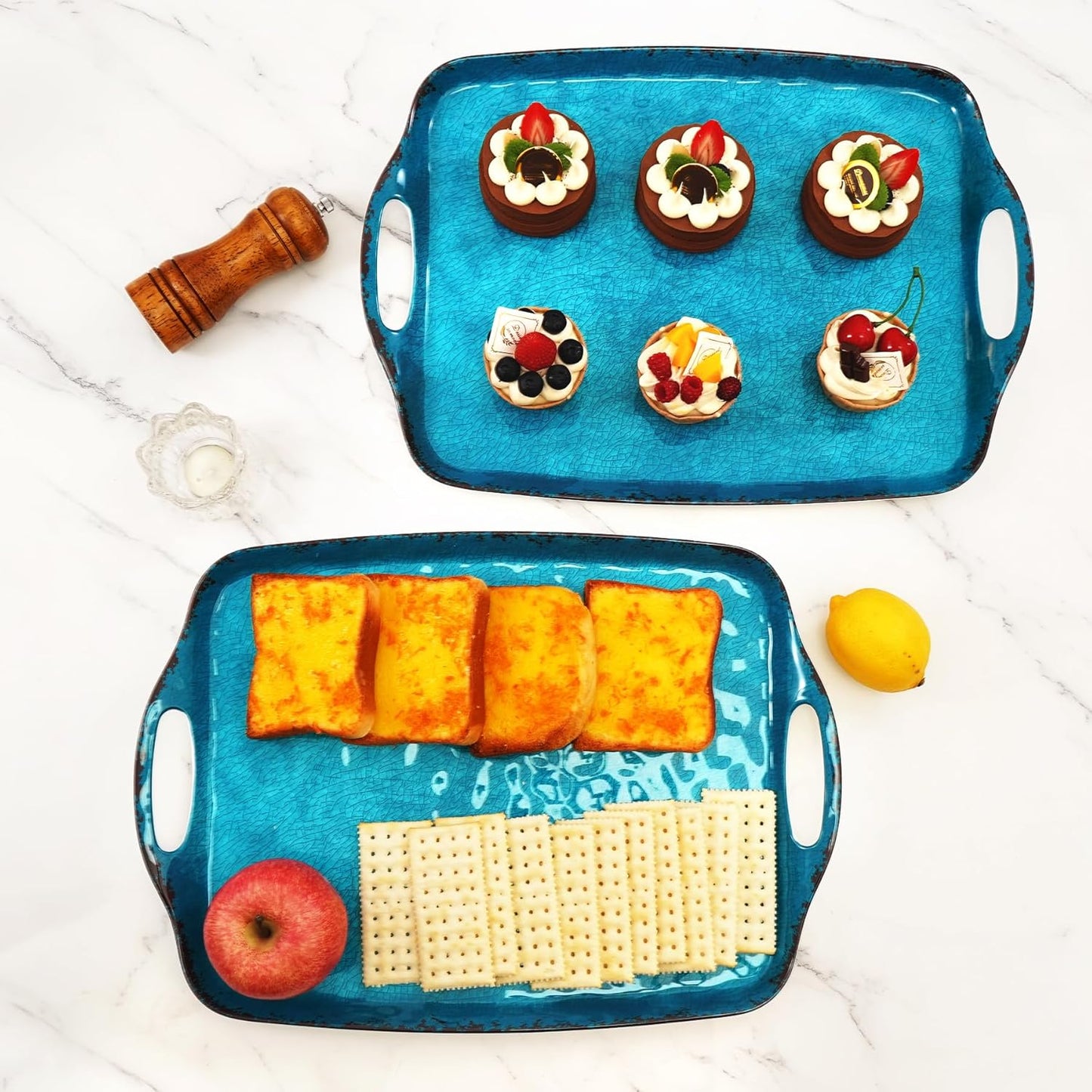 TP Serving Trays with Handles, 19 Inch Large Rectangular Melamine Serving Platter Set of 2, Retro Teal