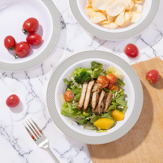I00000 100 Silver Plastic Bowls,12 OZ White Disposable Bowls,Fancy Plastic Salad Bowl,Premium Heavy Duty Disposable Soup Bowl for Parties,Weddings,Dinners, Catering, Picnics