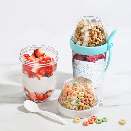Felli On the Go Yogurt Parfait Snack Cup 12 oz Reusable Leak Proof + Travel Spoon, Topping Holder for Fruit Cereal Milk, To Go Lunch Healthy Portion Control Overnight Oats Container Clear (2, Blue)