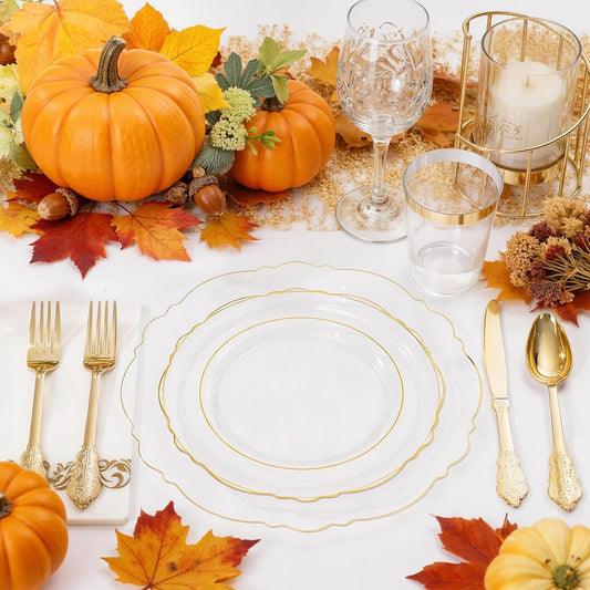 KIRE 210Pcs Clear and Gold Plastic Plates - Heavy Duty Clear Plates with Gold Rim - Disposable Dinnerware Sets of 60 Plastic Plate 90 Silverware 30 Cups 30 Napkins for Wedding/Thanksgiving Parties