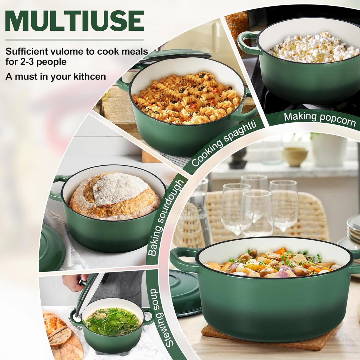 Small 3 Quart Dutch Oven, HaSteeL Round Cast Iron Cooking Pot with Lid, Nonstick Enameled Cookware for Sourdough Bread Baking Roasting Stewing Braising Frying, Heavy Duty & Oven Safe 500℉, Bamboo