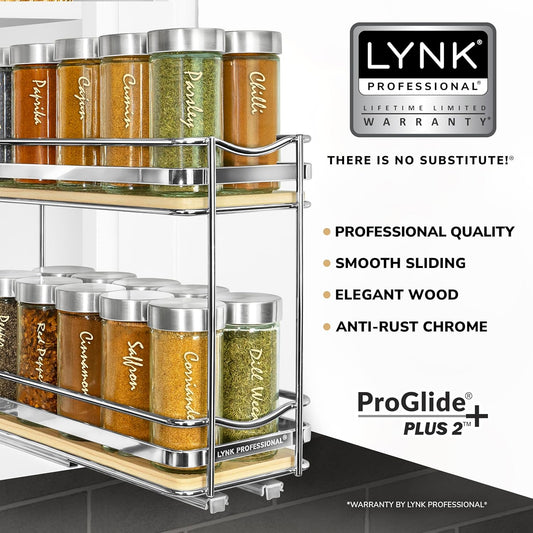 LYNK PROFESSIONAL® Élite™ Pull Out Spice Rack Organizer for Inside Kitchen Cabinets - 4-1/4 inch Wide - Slide Out Drawer – Wood/Chrome Sliding Spice Cabinet Organization Shelf Racks - 2 Tier