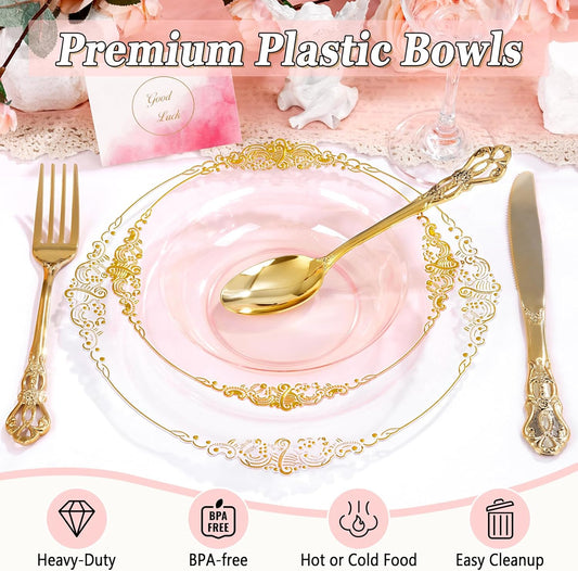 100PCS Clear Pink Plastic Bowls - 12 oz Pink Gold Disposable Salad Bowls - Heavy Duty Disposable Soup Bowl - Fancy Plastic Ice Cream Bowl for Weddings Parties Dinners Picnics