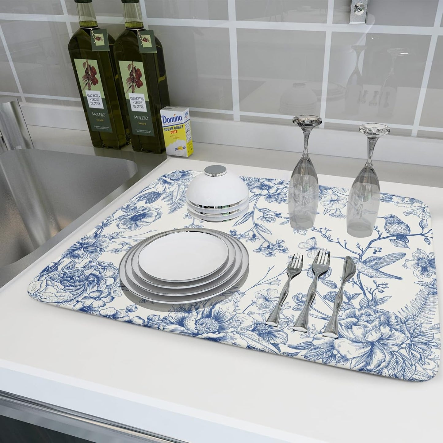 Chinoiserie Flowers Dish Drying Mat for Kitchen Counter, 18x24 Inch Vintage Blue Floral Birds Ultra Absorbent Reversible Dish Drainer Mats Plate Holder