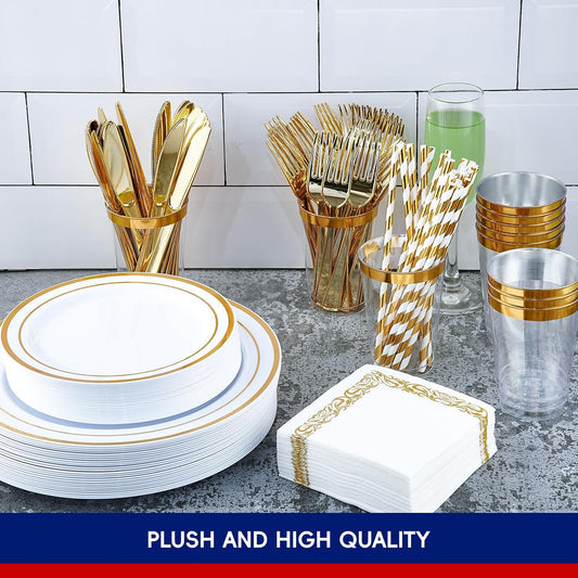 250 Count Gold Disposable Plastic Dinnerware Set, 50 Gold Plastic Plates, 25 Silverware, 25 Cups and Straws, 50 Napkins, Perfect for Wedding Party