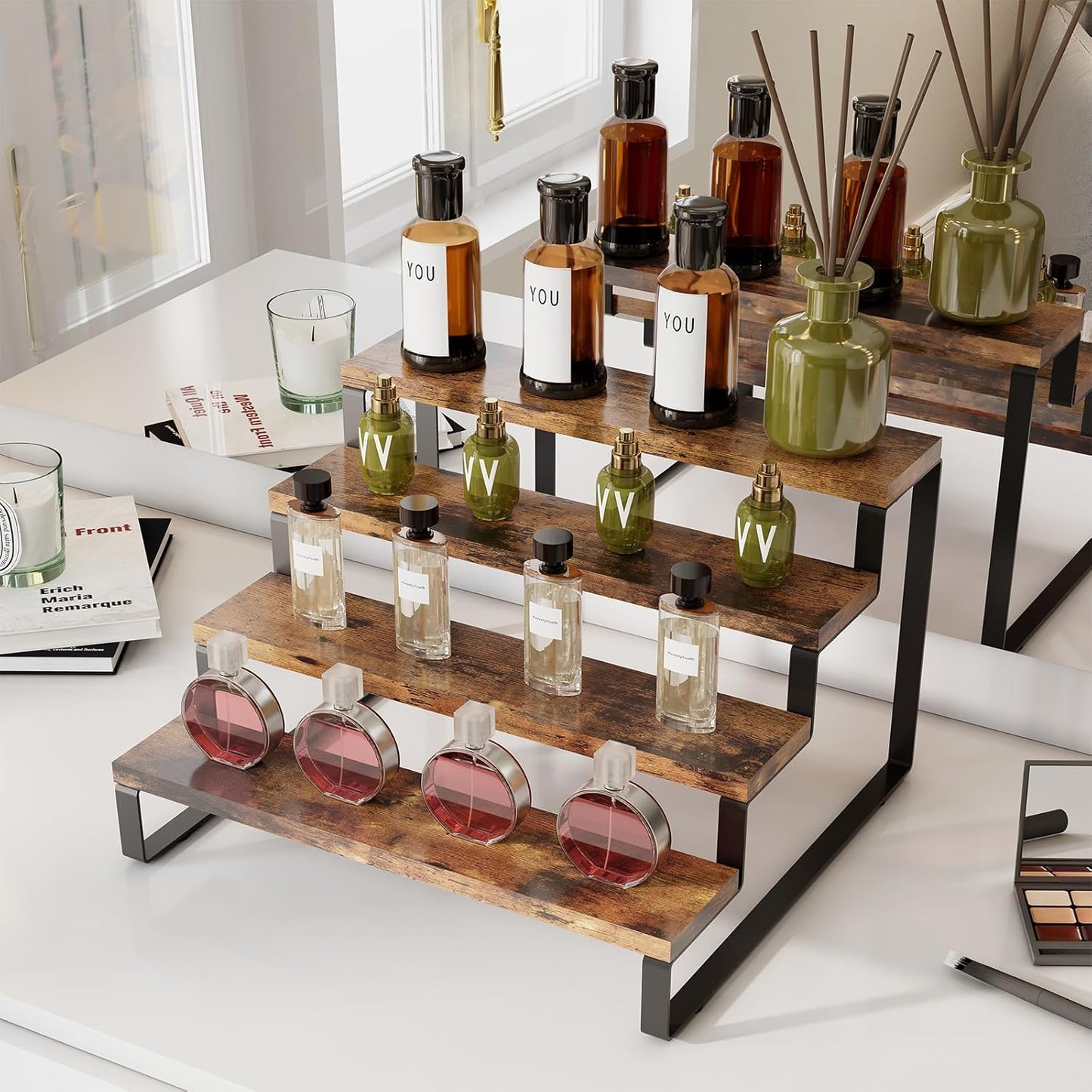 Spice Rack Organizer for Cabinet, 4 Tier Wooden Display Riser Stand, Rustic Cologne Stand for Men, Tiered Perfume Holder, Display Shelf for Candles