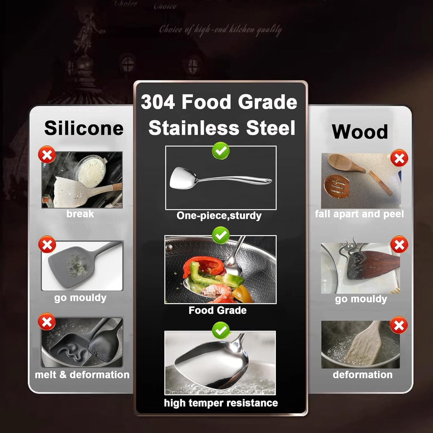 304 Stainless Steel Kitchen Utensil 11 PCS For Cooking, Solid Spoon, Slotted Spoon, Fork, Spatula, Ladle, Skimmer, Slotted Spatula Tunner, Spaghetti and Large Spoon, Tongs