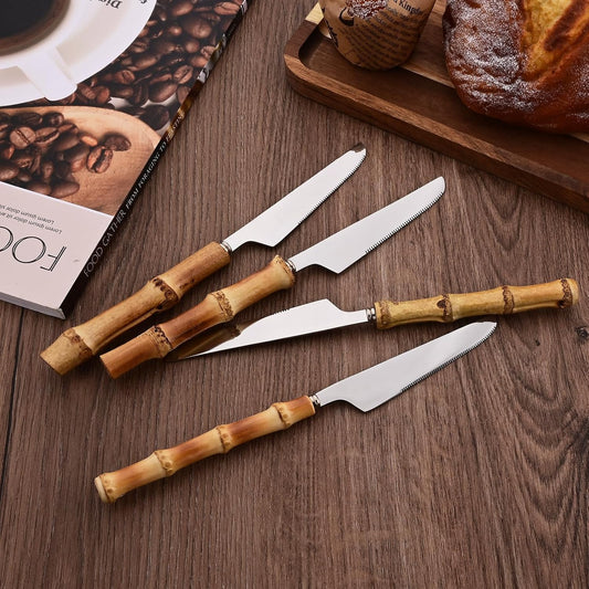 Dinner Knife Set with Bamboo Handle, 8-Piece Stainless Steel Shiny Silver Dinner Knives, Creative Design Table Knives for Home Restaurant, 8.74 inch, Handcrafted