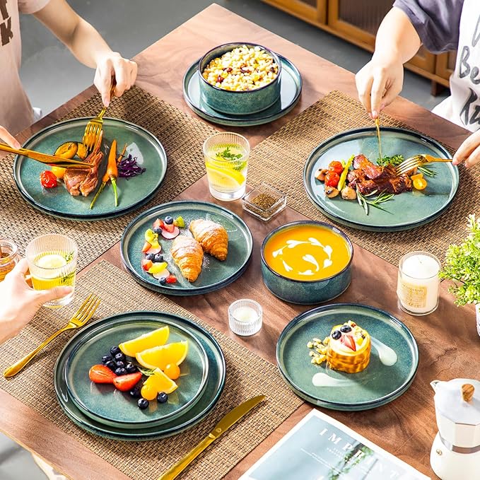 vancasso Starry Plates and Bowls Sets,12 Pieces Green Dinnerware Sets for Kitchen,Modern Stoneware Dishes Set for 4,Dishwasher and Microwave Safe