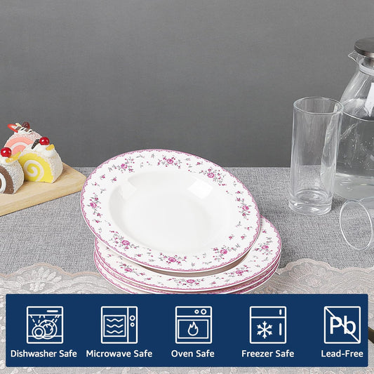 fanquare 8 Inch Porcelain Soup Bowls Set of 4, Round Pasta Plates Set for Salad, Dessert, Snack, Pink Roses