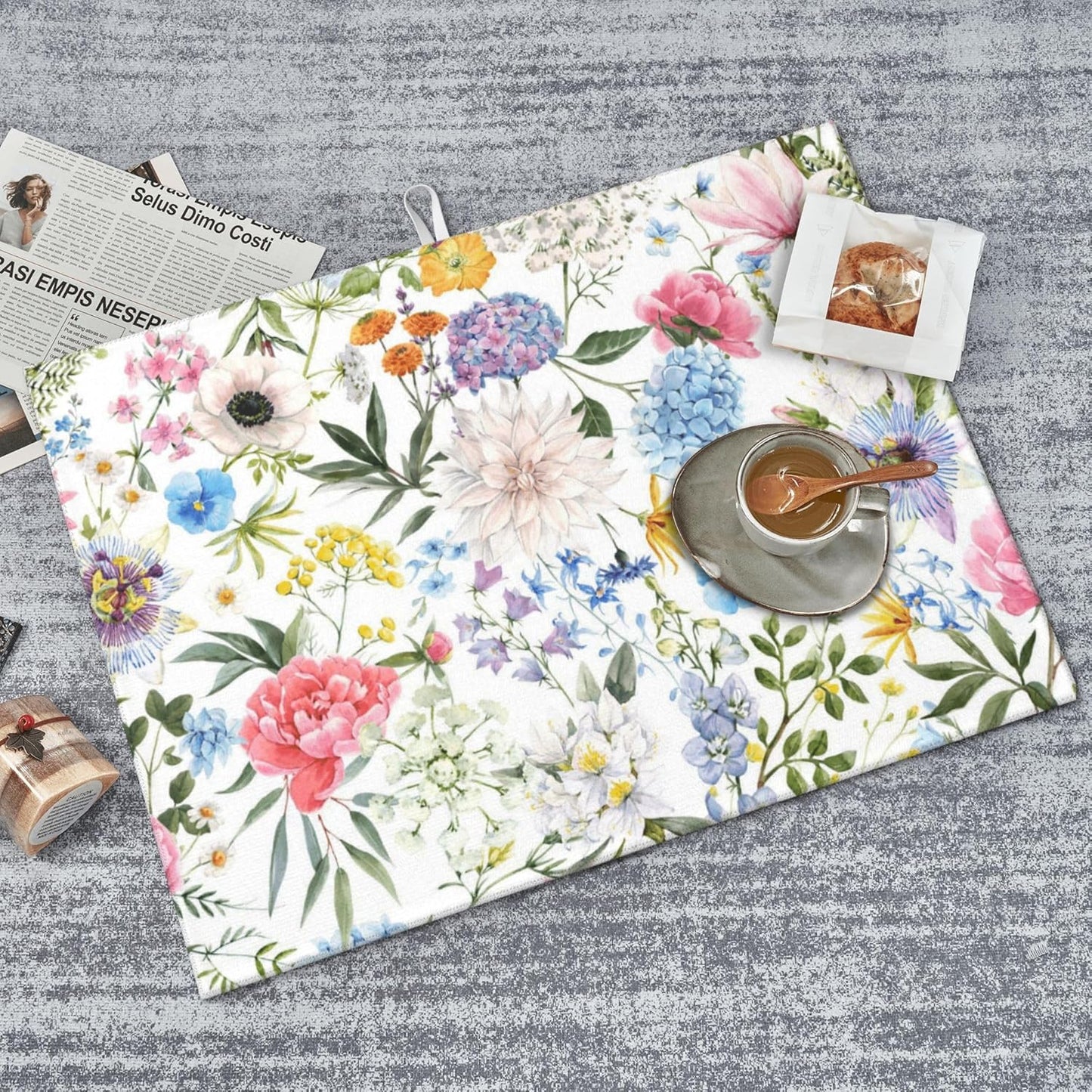 Colorful Flowers Dish Drying Mat for Kitchen Counter, 18"x24" Microfiber Absorbent Fast Dry Mat, 2Pcs Dish Mat Faucet Mats Sets, Large Drying Kitchen Mat Kitchen Drying Pad Coffee Bar Decor Gifts