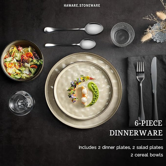 HaWare Dinnerware Sets, 6-Piece Plates and Bowls Set, Stoneware Dish Set for 2, Ceramic Dinnerware for Home Restaurant, Chip and Scratch Resistant, Microwave and Dishwasher Safe, Saturn Khaki