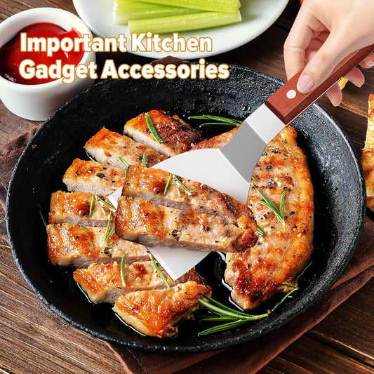 Metal Spatula Set for Cast Iron Skillet, Wide Griddle Stainless Steel Spatula Flipper Turner Utensil Set for Kitchen Use with Short Wood Handle Beveled Edge for Pancake, Egg, Burger, Omelet, 2 Pack