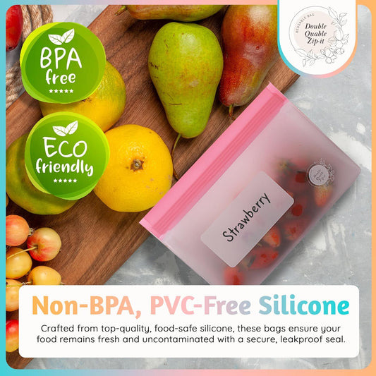 Reusable Food Storage Bags 8-Pack – BPA-Free Freezer & Dishwasher Safe, Leakproof Stand-Up Snack Bags 2 Gl + 2 L, 4 M– Eco-Friendly Airtight Ziplock Bags for Kitchen & Travel(Multicolor)