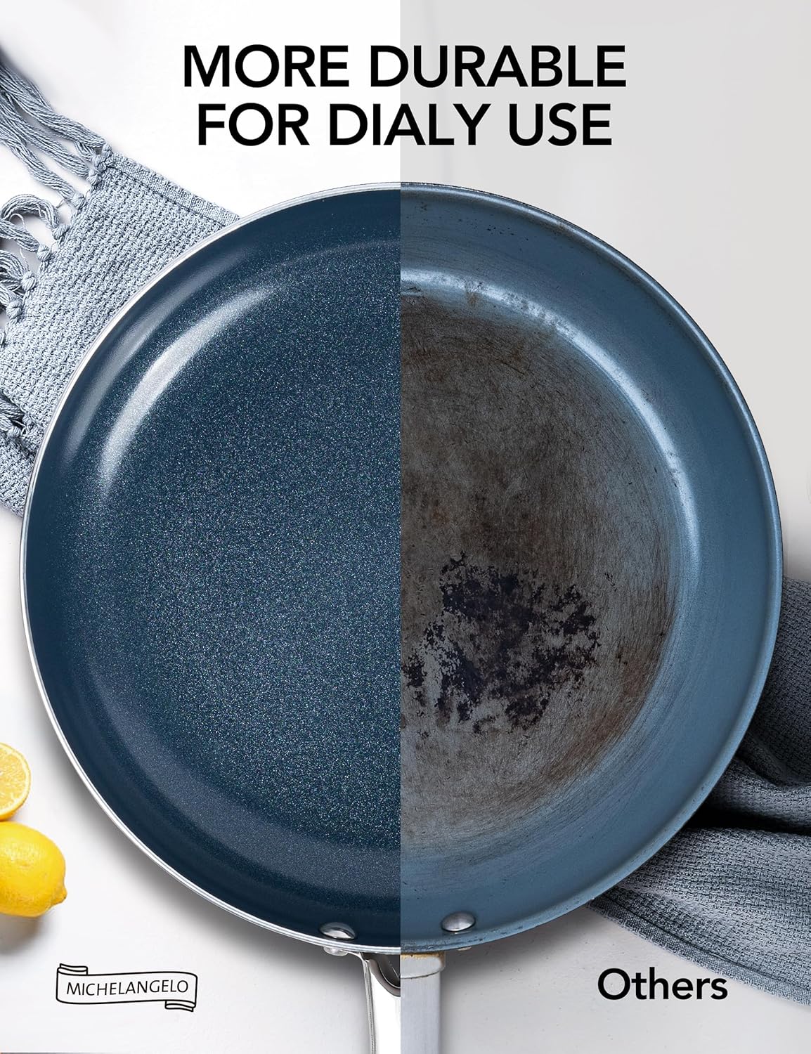 MICHELANGELO 10 Inch Frying Pan with Lid, Blue Frying Pan with Nonstick Diamond Infused Coating, Nonstick Frying Pans, Diamond Fry Pan Blue