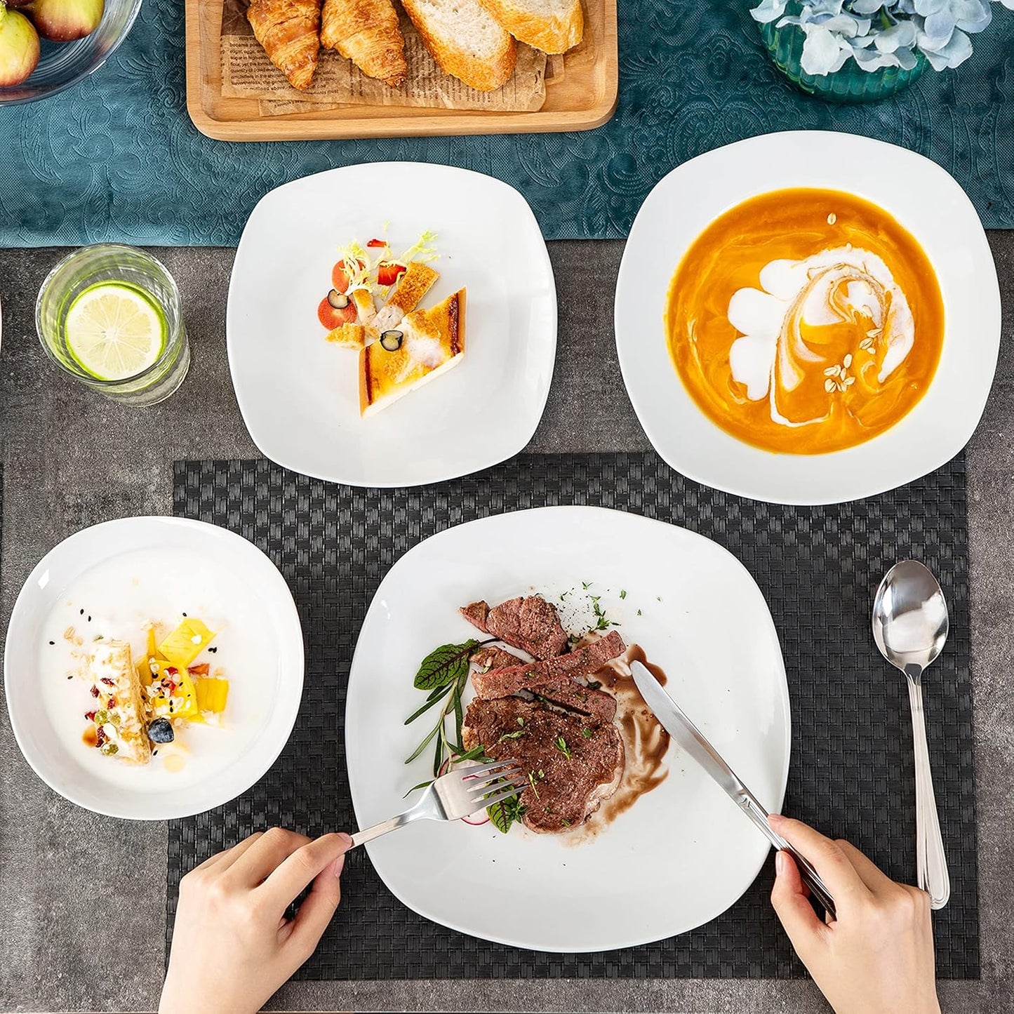 MALACASA Dinnerware Sets, 24-Piece Porcelain Square Dishes, Grey White Ceramic Dish Set for 6, Chip and Scratch Resistant Plates and Bowls Sets, Series ELISA