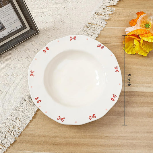 Koythin Ceramic Straw Hat Ramen Bowl Set, Pasta Bowls, Salad Serving Bowl for Noodle, Dinner, Salad, Microwave Dishwasher Safe (Pink Bow)