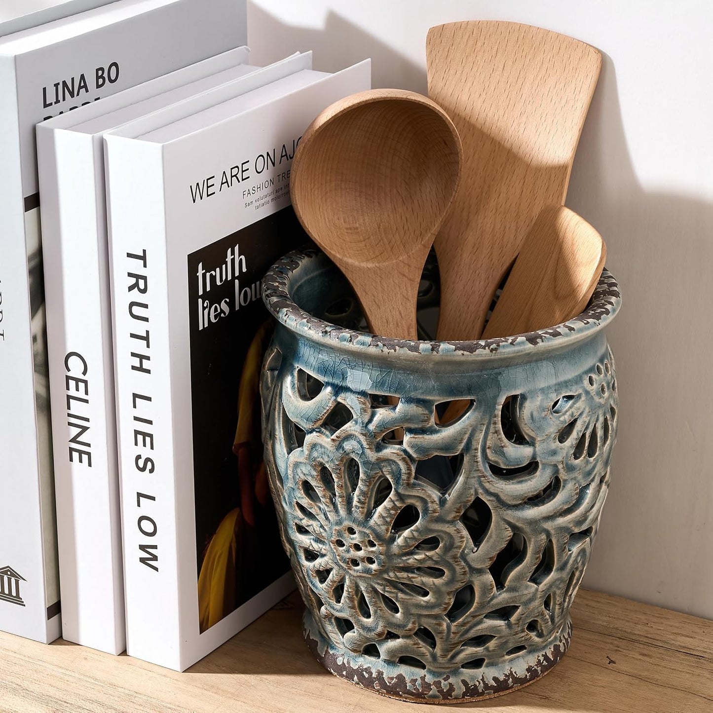 Farmhouse Kitchen Utensil Holder for Kitchen Counter, Ceramic Large Cooking Utensil Crock with Cork Mat, Decorative Rustic Utensil Organizer for Countertop, Spatula, Grayish Blue