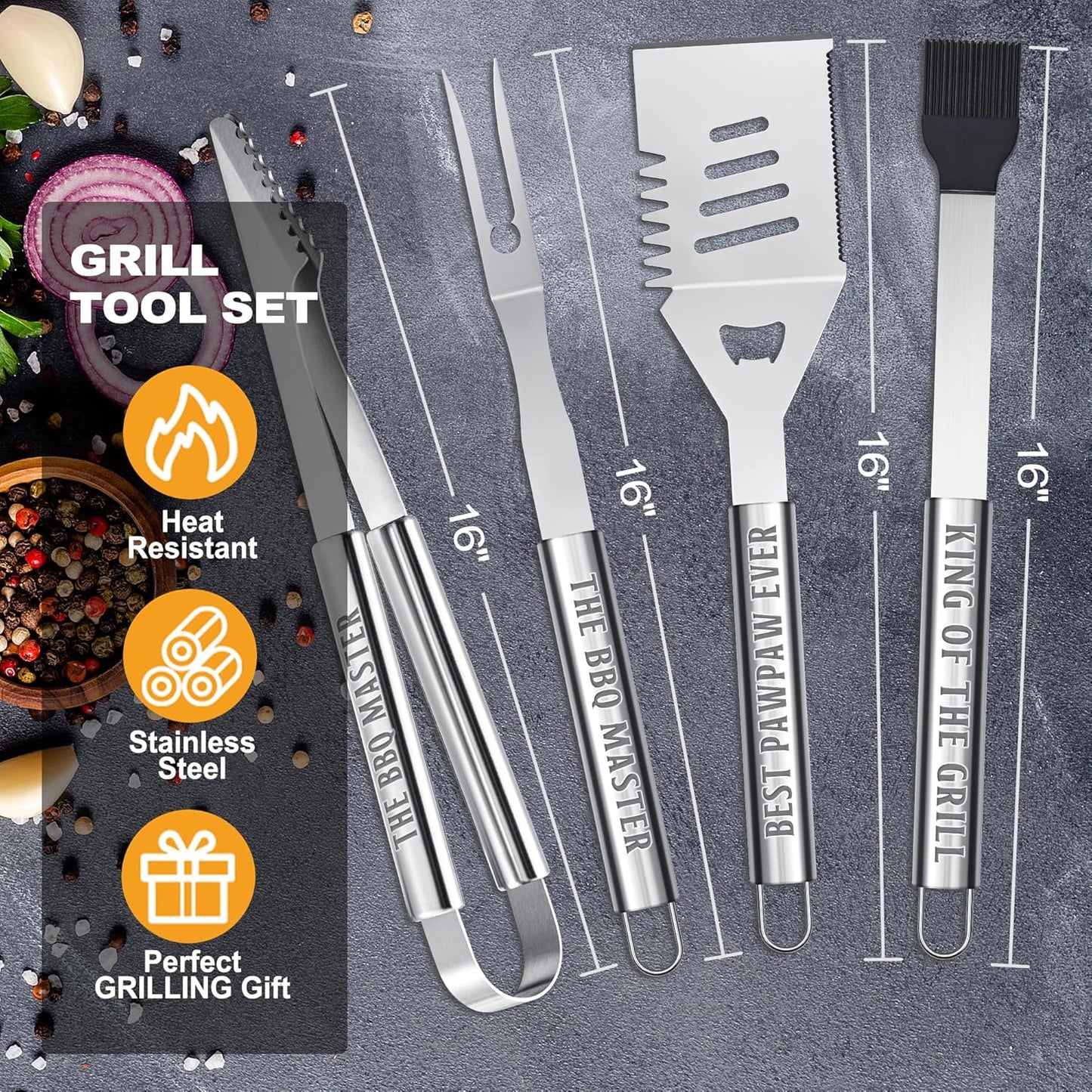 Paw Paw Gifts from Grandkids, Grilling Accessories, Heavy Duty Stainless Steel BBQ Grill Tools for Outdoor Grill with Aluminum Case, Pawpaw Grill Utensils Ideal Christmas Grilling Gift (Black)