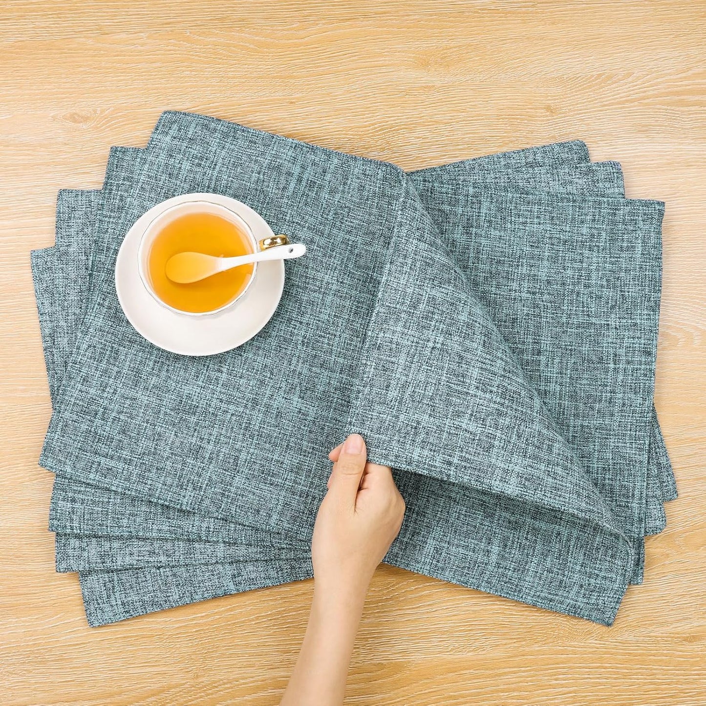 SHACOS Washable Fabric Placemats Set of 4 Heat Resistant Double Layer Cloth Table Mats Non Slip Farmhouse Place Mats, Blue Grey