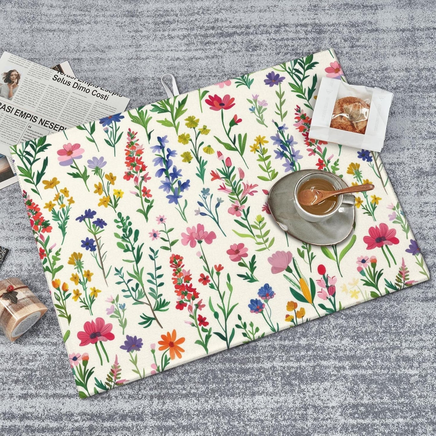 Watercolor Wildflower Dish Drying Mat for Kitchen Counter, 18"x24" Microfiber Absorbent Fast Dry Mat, 2Pcs Dish Mat Faucet Mats Sets, Large Drying Kitchen Mat Kitchen Drying Pad Coffee Bar Decor Gifts