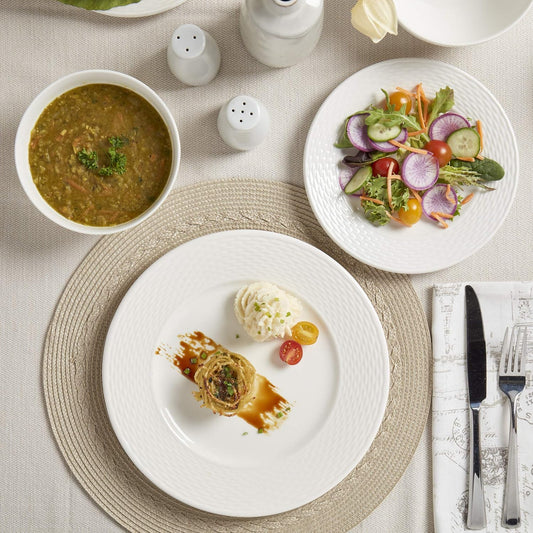 TTU Tabletops Gallery Embossed Bone White Porcelain Round Dinnerware Collection- Chip Resistant Scratch Resistant, Dubai 12 Piece Dinnerware Set (Dinner Plate, Salad Plate, Cereal Bowl)