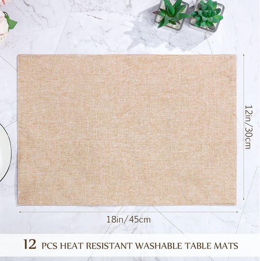 Sieral Cloth Placemats Set of 12 Rectangle Dining Table Placemats Bulk 13 x 19 Inch Machine Washable Heat Resistant Cotton Linen Table Mats for Wedding Baby Shower Birthday Party Supplies(Beige)
