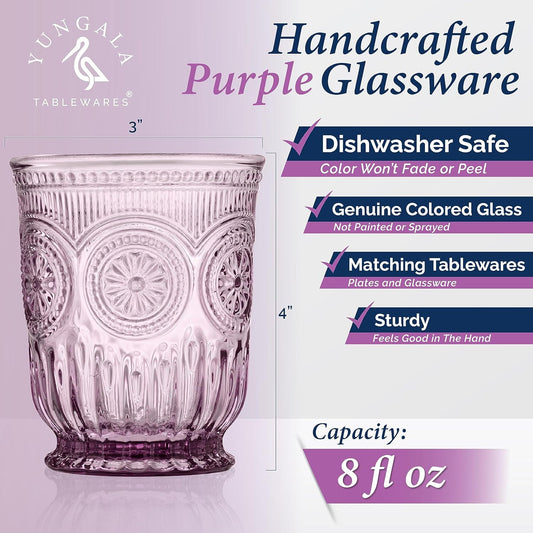 Yungala Purple Glassware, set of 6 purple drinking glasses small textured colored vintage glass cups 8 oz purple water glasses