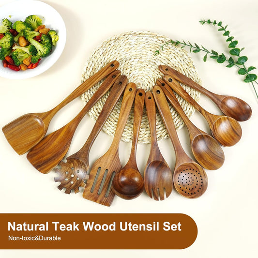 FJNATINH 10 PCS Wooden Spoons for Cooking - Teak Wooden Kitchen Utensil Set - Cooking Mixing Baking - Non-stick Healthy Kitchen Cookware Gifts for Women Housewarming Gifts