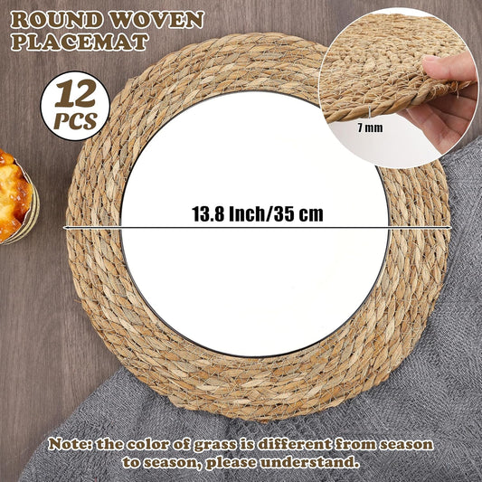 Set of 12 Round Woven Placemats - 13.8 Inches Natural Boho Rattan Wicker Table Mats for Home Dining Table