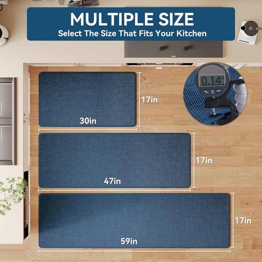 Kitchen Mats for Floor, Super Absorbent Kitchen Rugs Non Slip Washable, Soft Imitation Linen Braided Kitchen Runner Rug, Standing Mat Kitchens Sink Mat, Easy to Clean, Blue 17x95