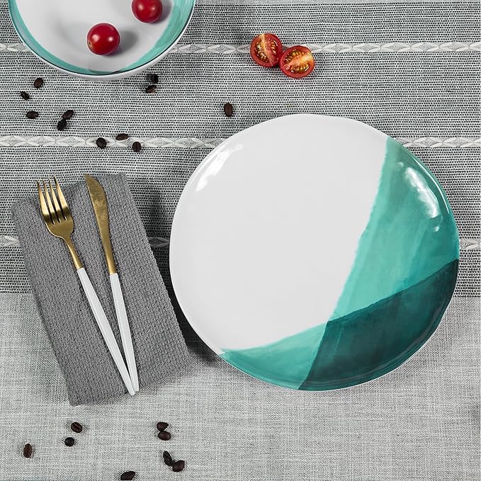 Melamine Plates and Bowls Set - 12pcs Dinnerware Dishes Set for 4, Dinner Plates for Indoor and Outdoor Use, Lightweight Break-resistant, Green & White