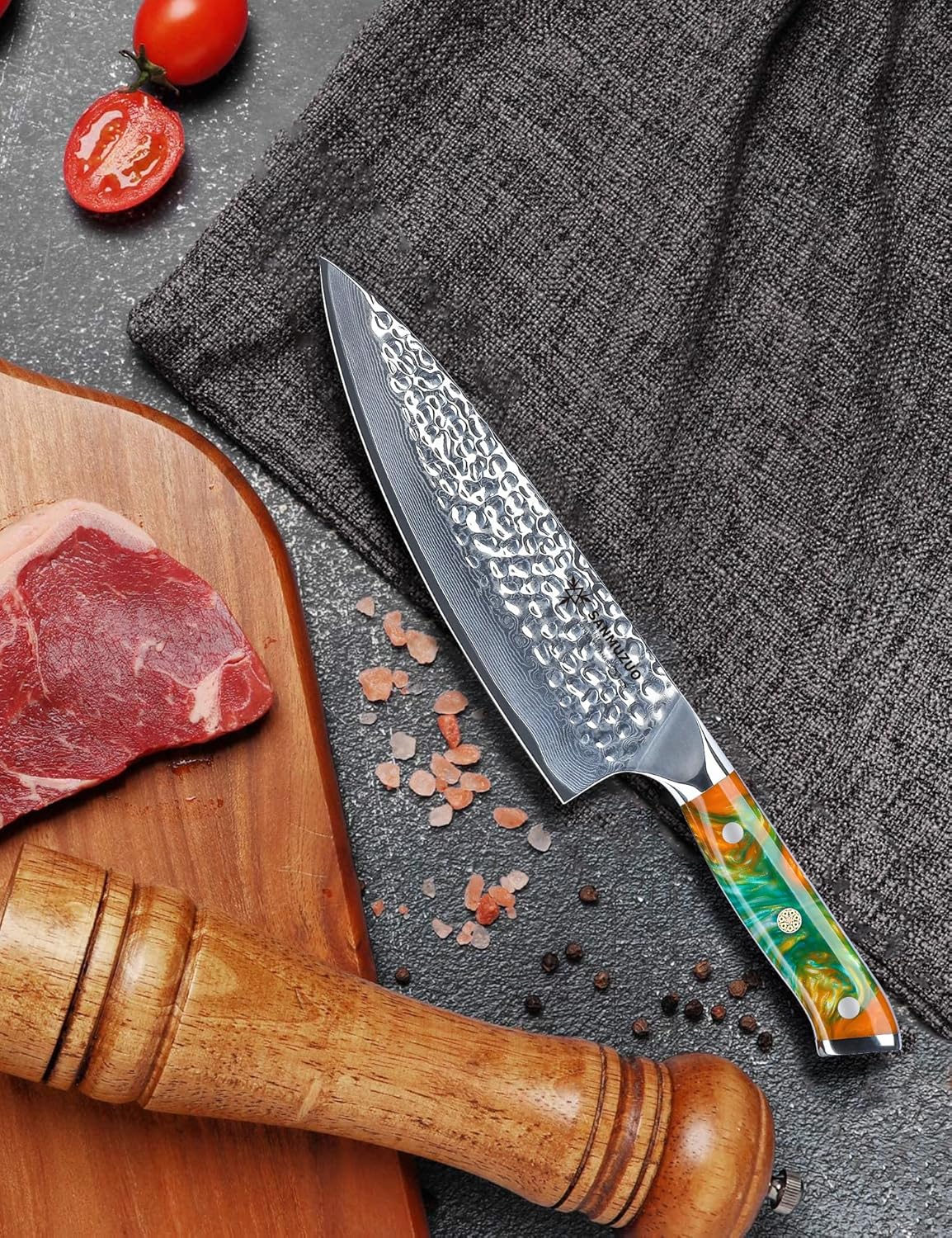 8" Chef Knife - Professional Kitchen Knife - Hammered Damascus Steel & Resin Handle - YAO Series