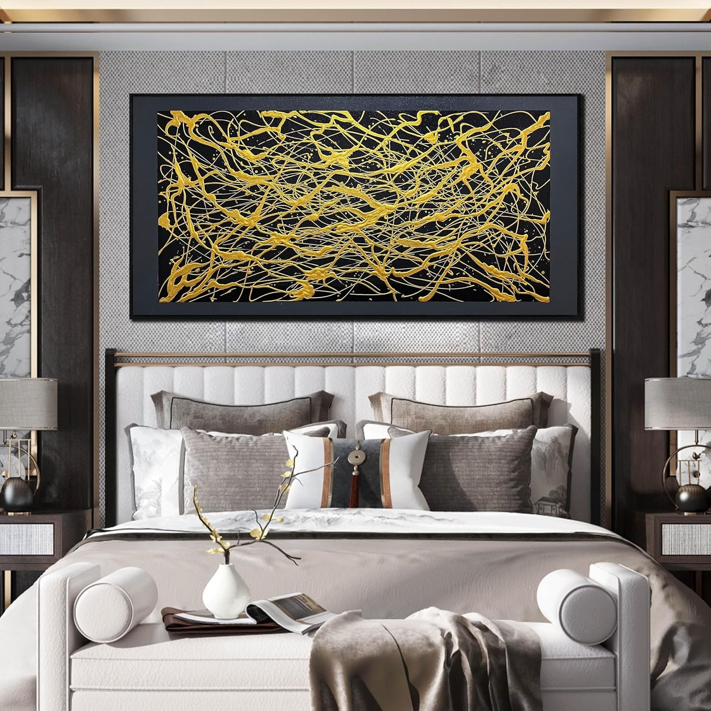 Abstract Black and Gold Hand Painted Wall Art for Living Room - Modern Large Canvas Wall Art for Office - Large Picture Frames for Wall Size 29" x 59"